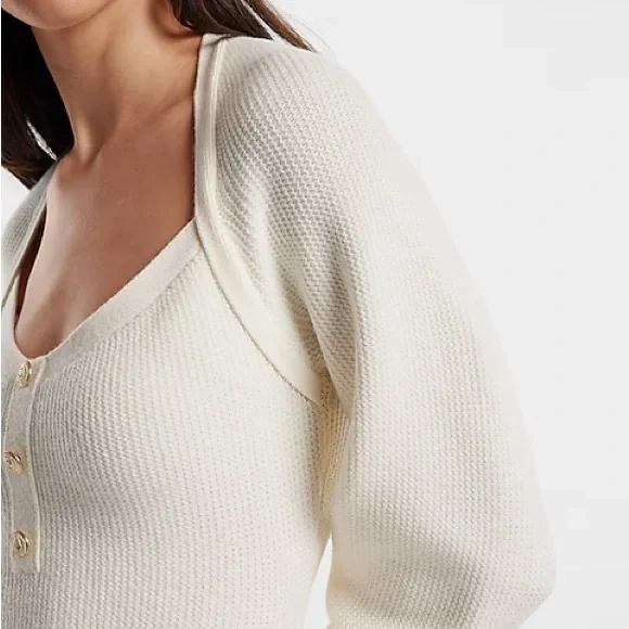 EXPRESS SWEATER DRESS BALLOON  SLEEVES BUTTON DETAIL WINTER WHITE NWT SZ MED - Picture 3 of 6